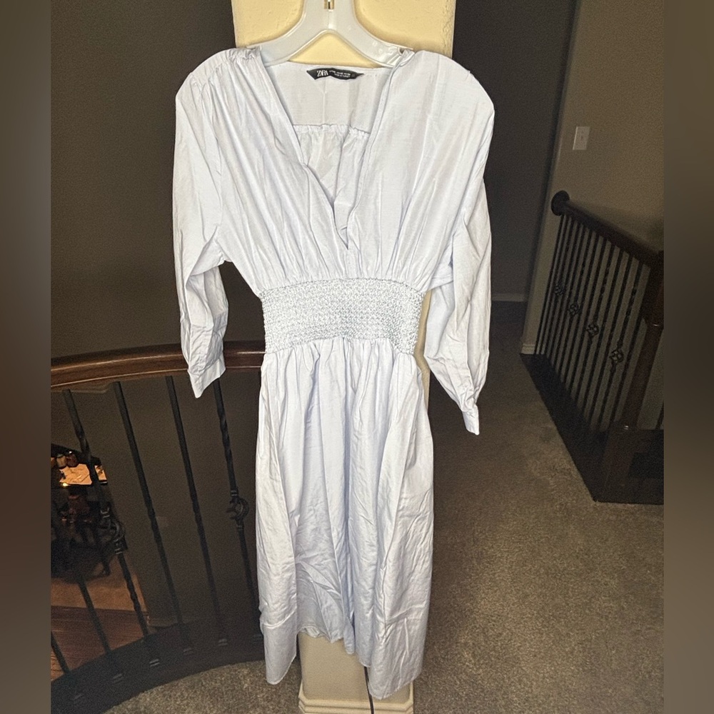 Zara Light Blue Cotton Blend Long Sleeve Dress Size XS Modest Fall Winter